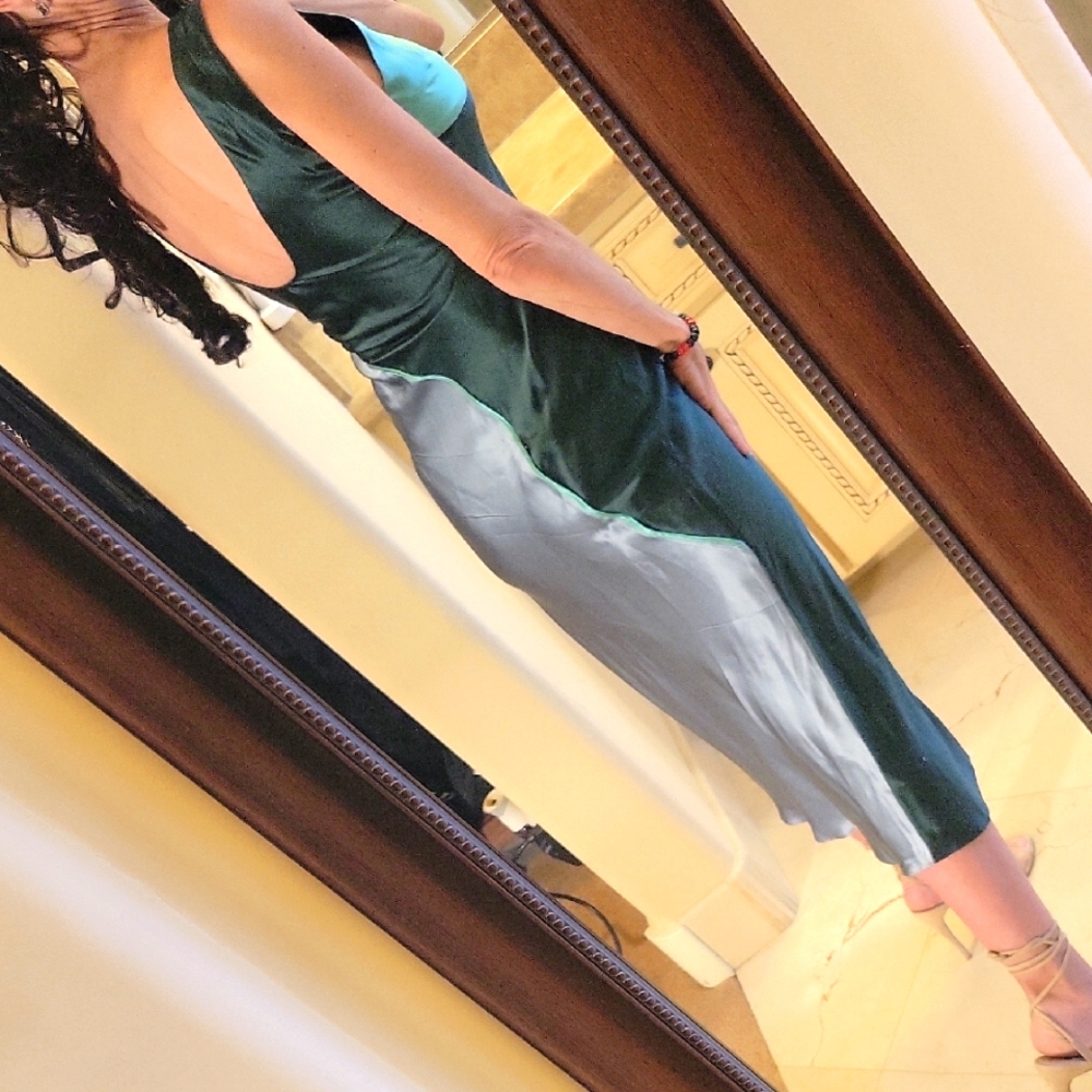 Lattelier 100% Silk Green/Gray  Sheath Midi Dress for Night Out w/ Front Slit, S - Picture 5 of 16
